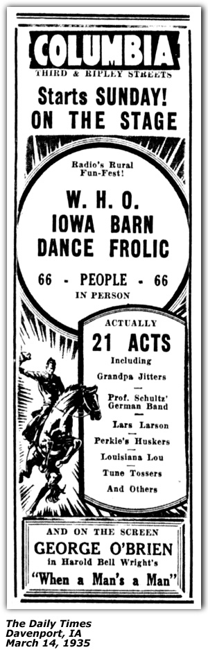 Promo Ad - Davenport, IA - Columbia Theatre - Lars Larson - Grandpa Jitters - Perkie's Huskers - Louisiana Lou - Prof. Schultz German Band - March 1935