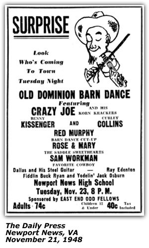 Promo Ad - Old Dominion Barn Dance - Richmond, VA - Buck Ryan - Ray Edenton - Benny Kissinger - Curley Collins - Sam Workman - November 1948