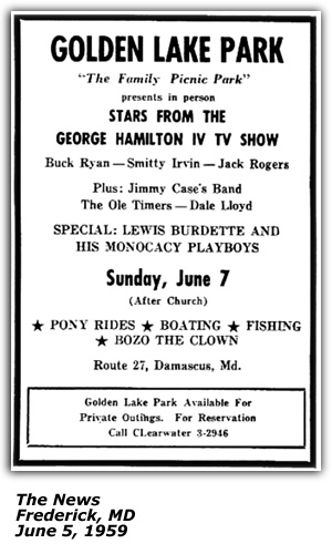 Promo Ad - Golden Lake Park - Buck Ryan - Smitty Irvin - Jack Rogers - Jimmy Case - George Hamilton IV - Frederick MD - June 1959