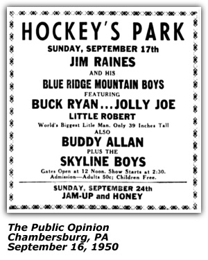 Promo Ad - Hockey's Park - Chambersburg, PA - Jim Raines - Blue Ridge Mountain Boys - Buck Ryan - Jolly Joe - Little Robert - Skyline Boys - September 1950