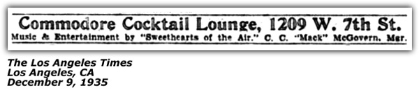 Sweethearts of the Air - Commodore Lounge Ad - December 1935 - Los Angeles CA