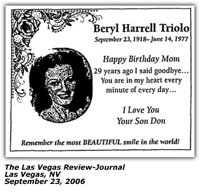 Beryl Harrell Triolo - Memorial Ad by son Don Triolo - 2006