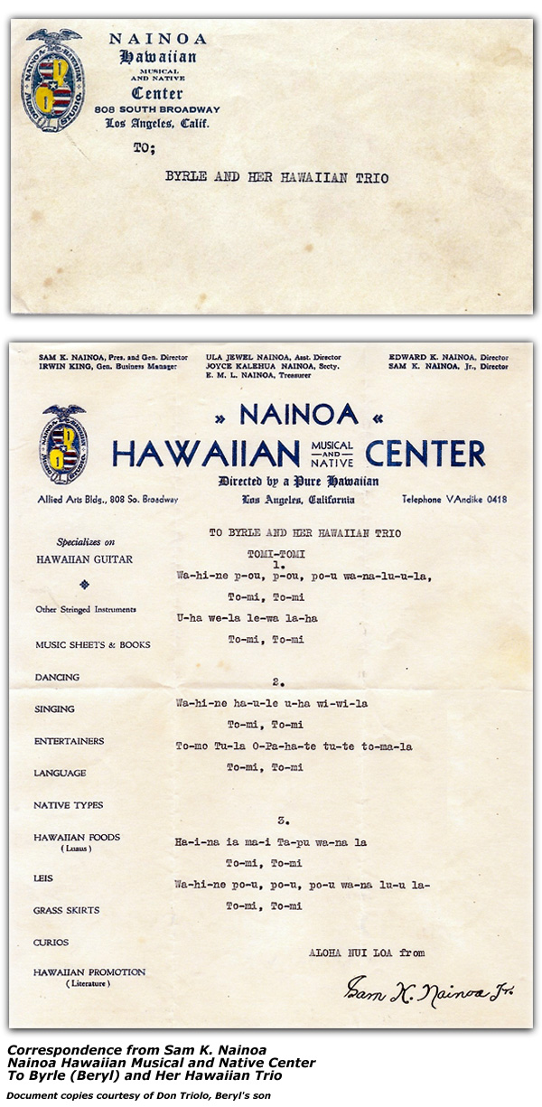 Correspondence from Sam K. Nainoa to Beryl Harrell and her Hawaiian Trio