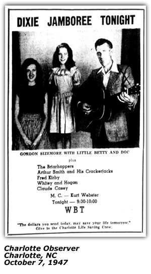 Promo Ad - Dixie Jamboree - WBT - Charlotte, NC - Kurt Webster, Arthur Smith and his Crackerjacks, Briarhoppers, Claude Casey, Fred Kirby, Gordon Sizemore, Betty and Doc (Pictured) - October 1947
