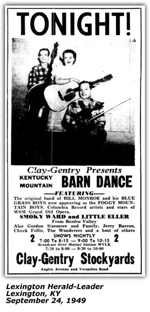 Promo Ad - Kentucky Mountain Barn Dance - Clay-Gentry Stockyards - Lexington, KY - WLVK - Foggy Mountain Boys - Smoky Ward and Little Eller - Gordon Sizemore and Family - Jerry Barron - 1949