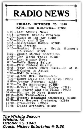 Radio Log - October 1940 - Cousin Mickey Entertains - October 1940
