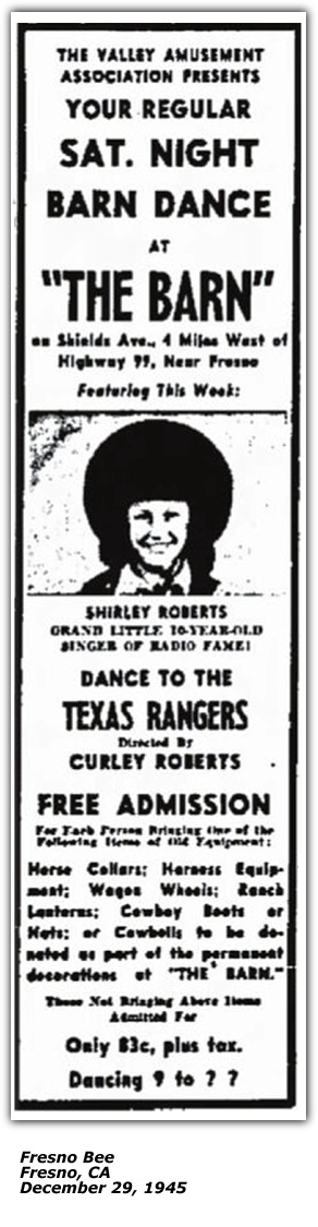 Promo Ad - The Barn - Texas Rangers, Curley Roberts, Shirley Roberts - Dec 29 1945