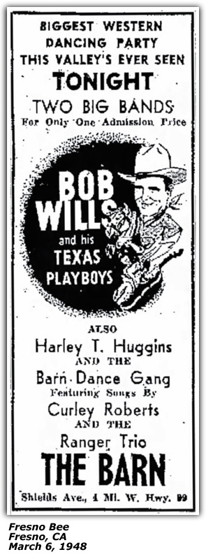 Promo Ad - The Barn - Bob Wills and his Texas Playboys, Harley T. Huggins, Curley Roberts - March 1948