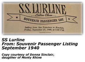 SS Lurline Passenger List Heading - September 1940