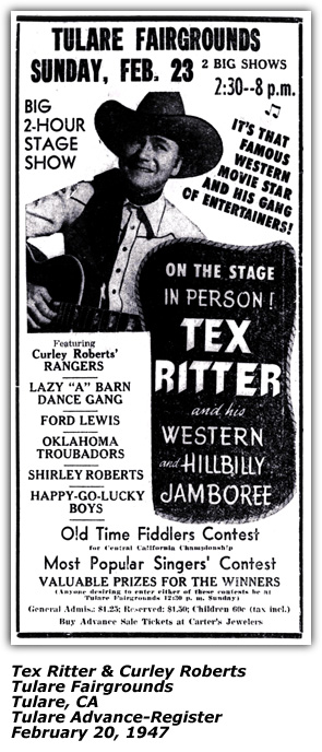 Promo Ad - Tulare Fairgrounds - Tex Ritter, Curley Roberts, Shirley Roberts, Ford Lewis - Feb 1947