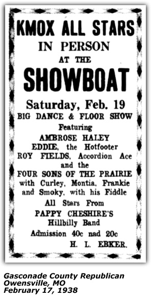 Showboat Ad KMOX Stars - Four Sons of the Prairie - Feb 1938