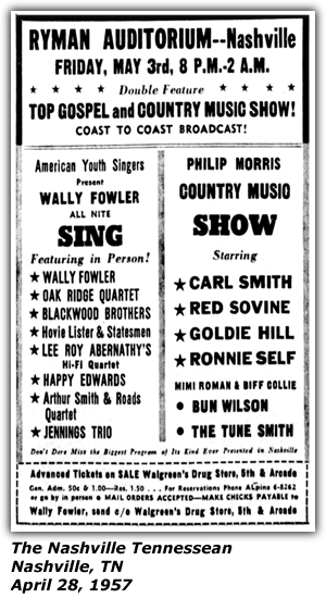 Promo Ad - Ryman Auditorium - Nashville, TN - Philip Morris Country Music Show - Carl Smith - Red Sovine - Goldie Hill - Ronnie Self - Mimi Roman - Biff Collie - Bun Wilson - April 1957
