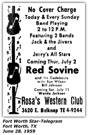 Promo Ad - Rosa's Western Club - Fort Worth, TX - Red Sovine - Bun Wilson and the Gadabouts - Bill Johnson - June 1959