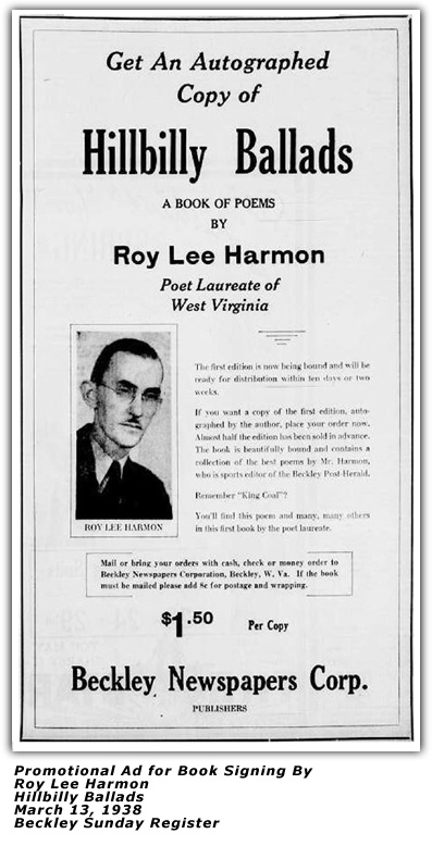 Roy Lee Harmon Promo Ad - Hillbilly Ballads - 1938
