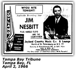 Promo Ad - Joyland Country Music Center and Lounge - JIm Nesbitt - Tampa Bay, FL - April 1966