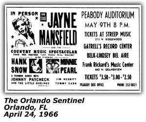 Promo Ad - Peabody Auditorium - Orlando, FL - Jayne Mansfield - Hank Snow - Minnie Pearl - Jim Nesbitt - Johnny Paycheck - April 1966