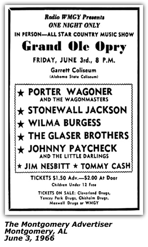 Promo Ad - Garrett Coliseum (Alabama State Coliseum) - Porter Wagoner - Stonewall Jackson - Wilma Burgess - The Glaser Brothers - Johnny Paycheck - Jim Nesbitt - Tommy Cash - June 1966