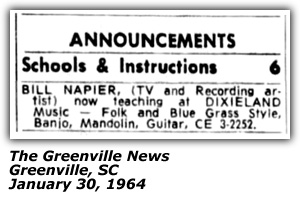 Classified Ad - Bill Napier - Lessons - Greenville, SC - January 1964