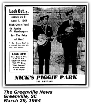 Promo Ad - Nick's Piggie Park - Greenville, SC - Charlie Moore and Bill Napier - March 1964