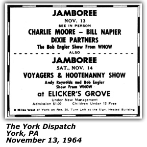 Promo Ad - Elicker's Grove - Jamboree - Charlie Moore - Bill Napier - Dixie Partners - November 1964