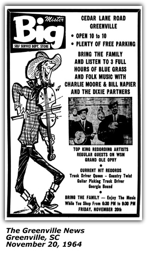Promo Ad - Mister Big - Greenville, SC - Charlie Moore and Bill Napier - Dixie Partners - November 1964