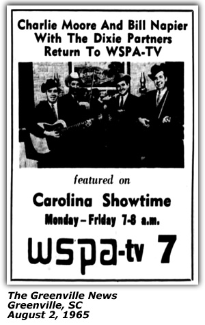 Promo Ad - WSPA-TV Channel 7 - Charlie Moore and Bill Napier - Dixie Partners - Greenville, SC - August 1965
