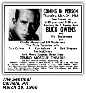 Promo Ad - Zembo Mosque Theatre - Carlisle, PA - Buck Owens - Dick Curless - Charlie Moore and Bill Napier - Kay Adams - Red Simpson - March 1966