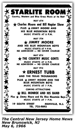 Promo Ad - Starlite Room - New Brunswick, NJ - Charlie Moore and Bill Napier - Ernest Tubb - Bill Monroe - May 1966