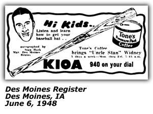 Promo Ad - KIOA - Stan Widney - Tone's Coffee - July 1948