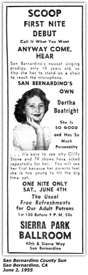 Promo Ad - Sierra Park Ballroom - June 1955 - Dortha Boatright - Dortha Wright - Debut