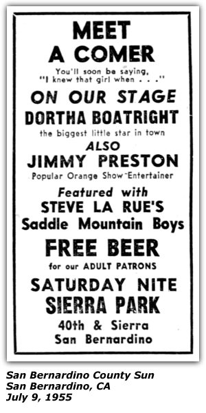 Promo Ad - Sierra Park - San Bernardino - July 1955 - Dortha Boatright - Dortha Wright - Jimmy Preston - Steve La Rue - Saddle Mountain Boys
