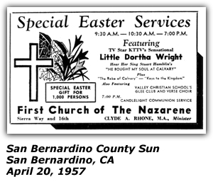 Promo Ad - Special Easter Services - First Church Of The Nazarene - Little Dortha Wright - April 1957
