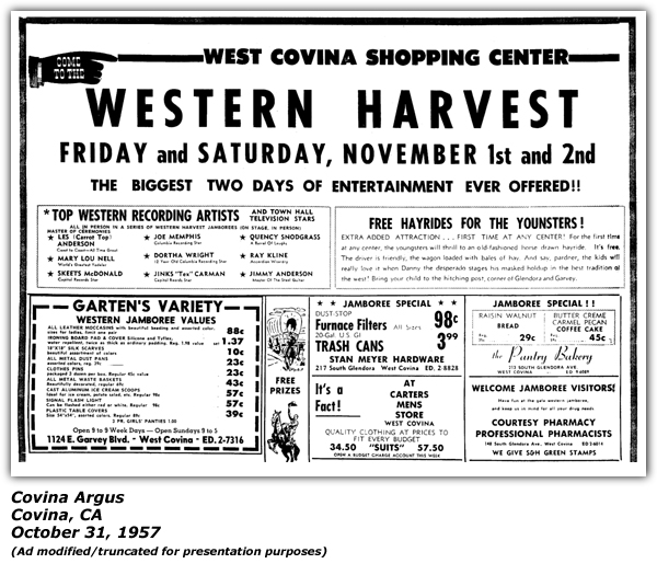 Promo Ad - Western Harvest - West Covina Shopping Center - October 1957 - Dortha Wright - Les (Carrot Top) Anderson - Joe Maphis - Jenks (Tex) Carman - Quincy Snodgrass