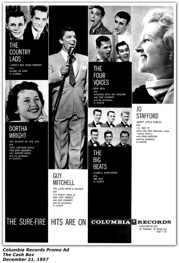 Promo Ad - Columbia Records Promo Ad - The Cash Box - December 1957 - Dortha Wright - Guy Mitchell - Jo Stafford - The Country Lads