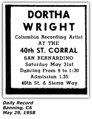 Promo Ad - 40th Street Corral - San Bernardino, CA - Dortha Wright - May 1958