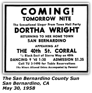 Promo Ad - The 40th St. Corral - San Bernardino, CA - May 1958 - Dortha Wright