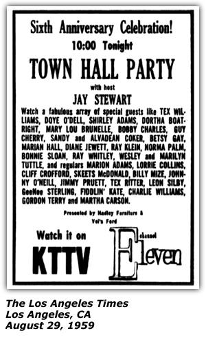 Promo Ad - KTTV Town Hall Party - Sixth Annivesary Celebration - Dortha Boatright - Dortha Wright - August 1959