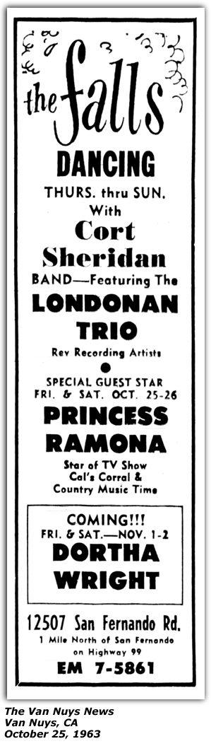 Promo Ad - The Falls - San Fernando, CA - Oct 1963 - Dortha Wright - Princess Ramona - Cort Sheridan