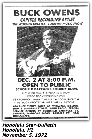Promo Ad - Schofield Barracks Conroy Bowl - Honolulu, HI - Buck Owens - Buddy Alan - Don Rich - Sheila Tilton - November 1972