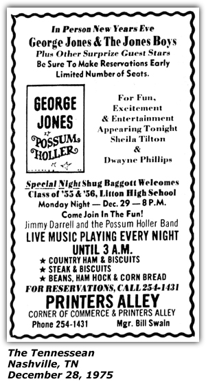 Promo Ad - Printers Alley - Possum Holler - Nashville, TN - George Jones - Sheila Tilton - Dwayne Phillips - Jimmy Darrell - December 1975
