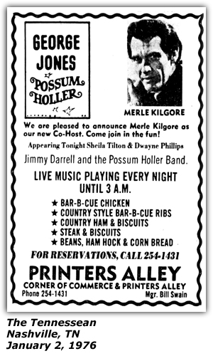 Promo Ad - Printers Alley - Possum Holler - Nashville, TN - George Jones - Merle Kilgore - Sheila Tilton - January 1976