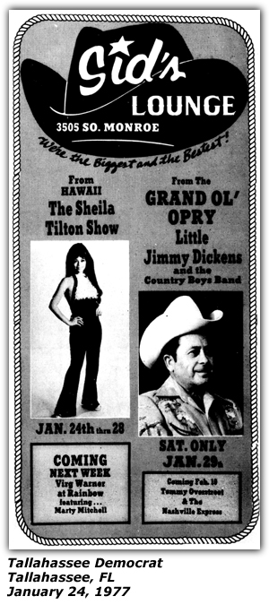 Promo Ad - Sid's Lounge - Tallahassee, FL - Sheila Tilton - Little Jimmie Dickens - January 1977