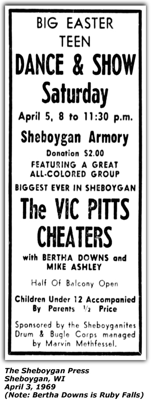 Promo Ad - Sheboygan Armory - Sheboygan, WI - Vic Pitts Cheaters - Bertha Downs (Ruby Falls) - Mike Ashley - April 1969