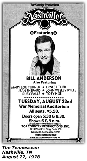 Promo Ad - War Memorial Auditorium - Nashville, TN - Bill Anderson - Mary Lou Turner - Ernest Tubb - Jean Shepard - John Wesley Ryles - Ruby Falls - August 1978