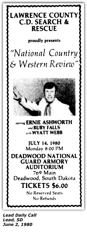 Promo Ad - Deadwood National Guard Armory Auditorium - Deadwood, SD - Ernie Ashworth - Ruby Falls - Wyatt Webb - June 1980