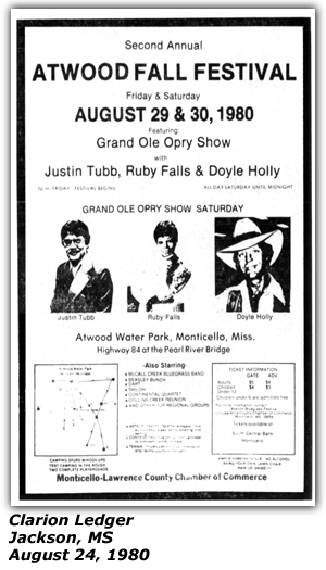 Promo Ad - Atwood Fall Festival - Monticello, MS - Justin Tubb - Ruby Falls - Doyle Holly - August 1980