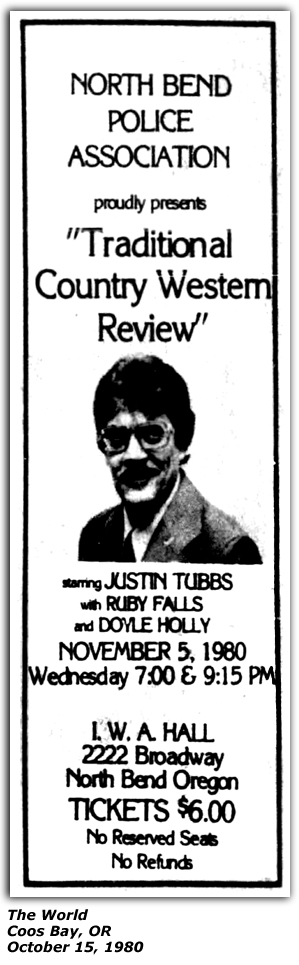 Promo Ad - I.W.A. Hall - North Bend, OR - Justin Tubb - Doyle Holly - Ruby Falls - October 1980