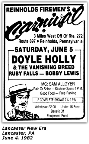 Promo Ad - Reinhold's Firemen's Carnival - Reinholds, PA - Doyle Holly - Ruby Falls - Bobby Lewis - June 1982