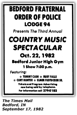 Promo Ad - Bedford Junior High Gym - Bedford, IN - Tommy Cash - Ruby Falls - Curt Hunter - Elmer Fudtucker Jr. - September 1982