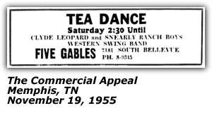 Promo Ad - Tea Dance - Five Gables - Memphis, TN - Barbara Pittman - Clyde Leopard and Snearly Ranch Boys - 1955